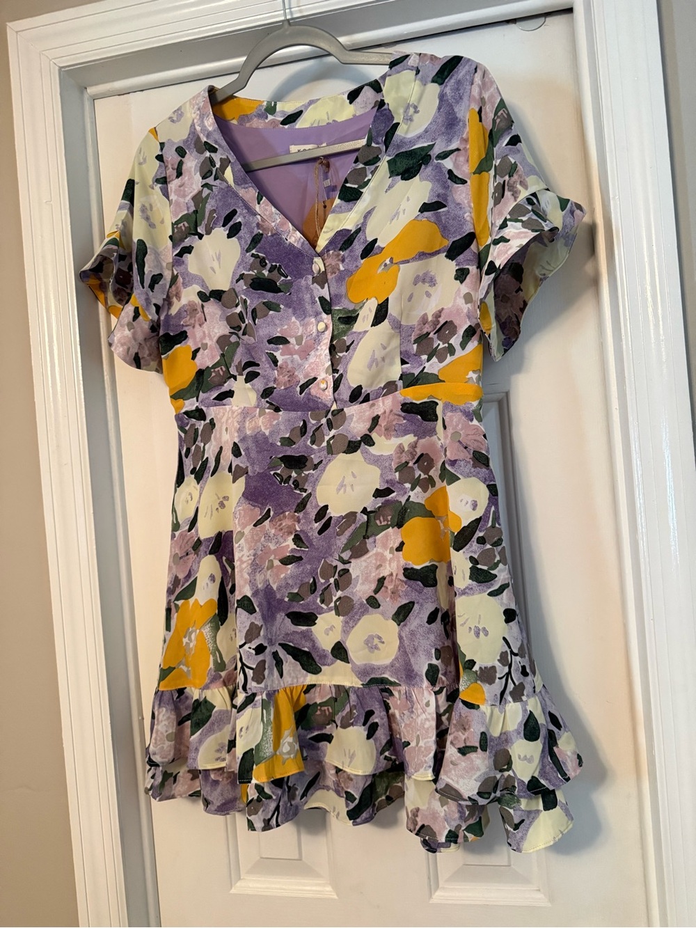 Kori Purple Floral V-Neck Ruffle Hem Tunic with Yellow Accents